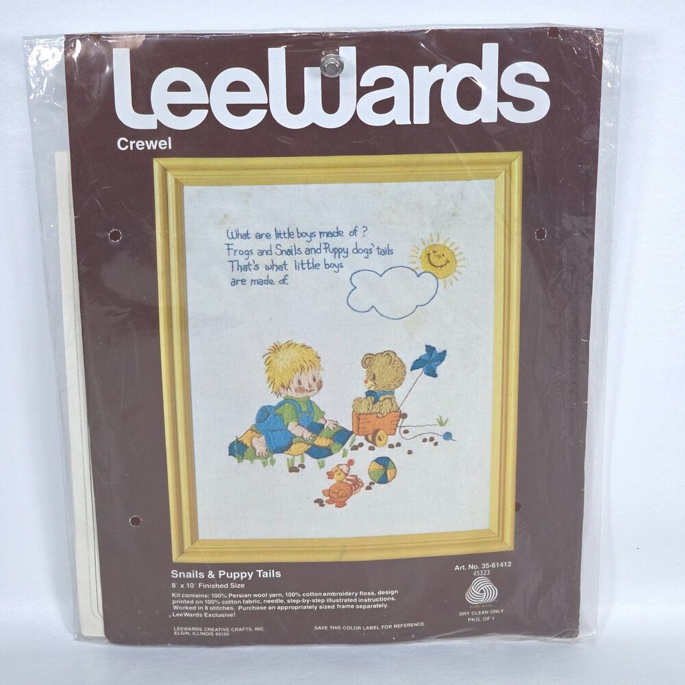 LeeWards Snails and Puppy Tails Crewel Kit Boys Room 8x10 Nursery Art 35-61412